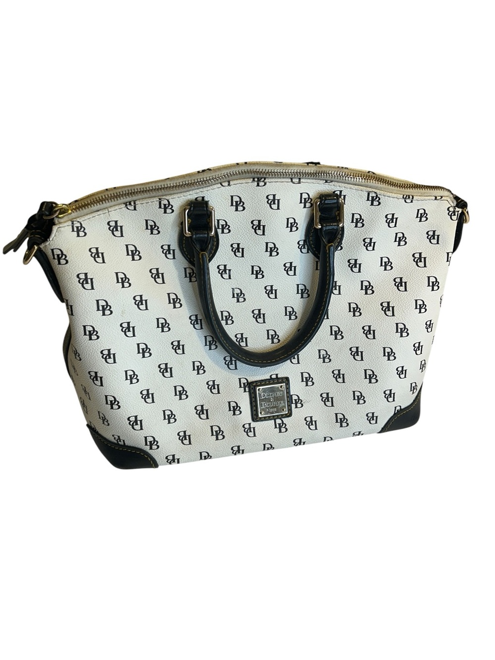 Dooney & Bourke DB Signature Satchel White Black Coated Canvas Leather Trim